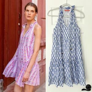 Oliphant Tiered Short Dress Flora Blue White Block Print Sleeveless Sundress M